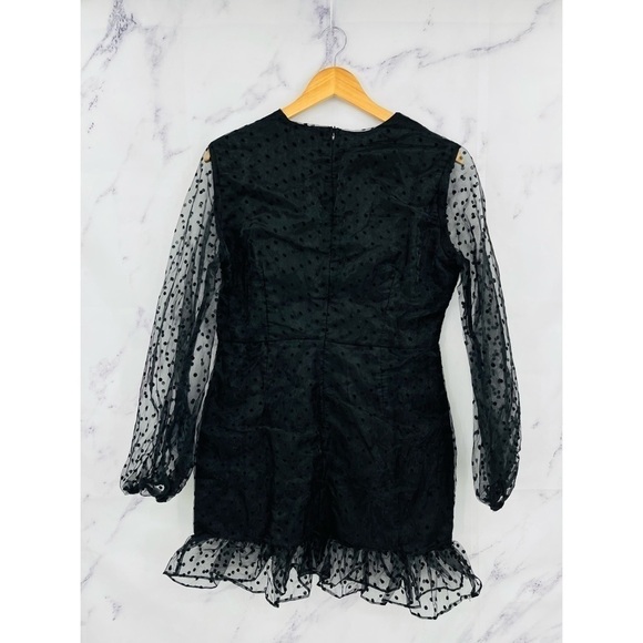 F033 PrettyLittleThing Black Polka Dot Organza Frill Hem Bodycon Dress - Picture 8 of 9